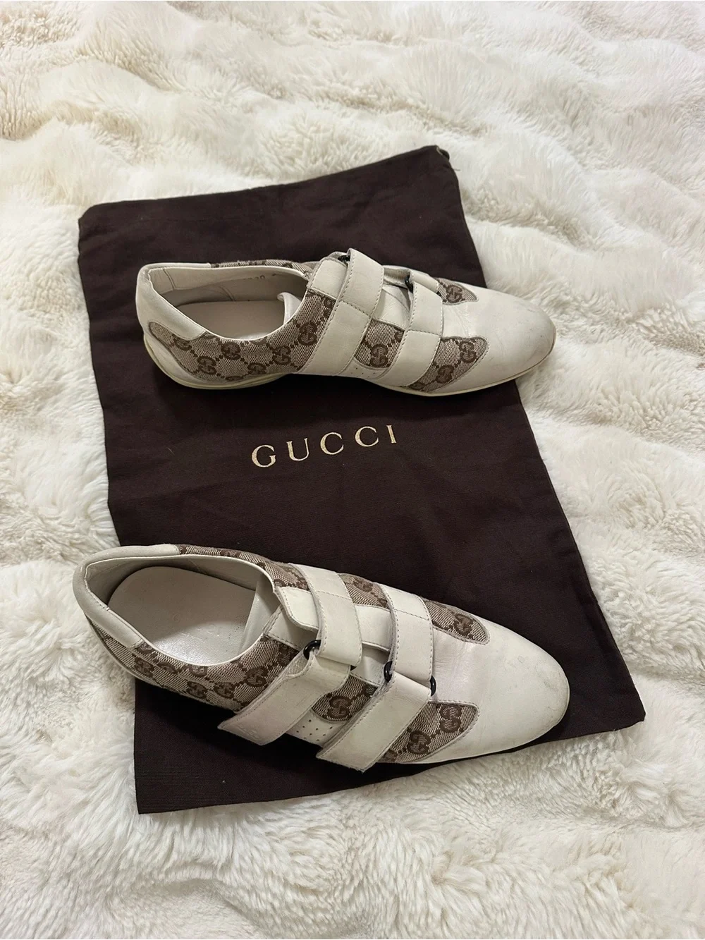 Gucci GG Canvas & White Leather Double Strap Sneakers 39.5 Authentic + Dust Bag